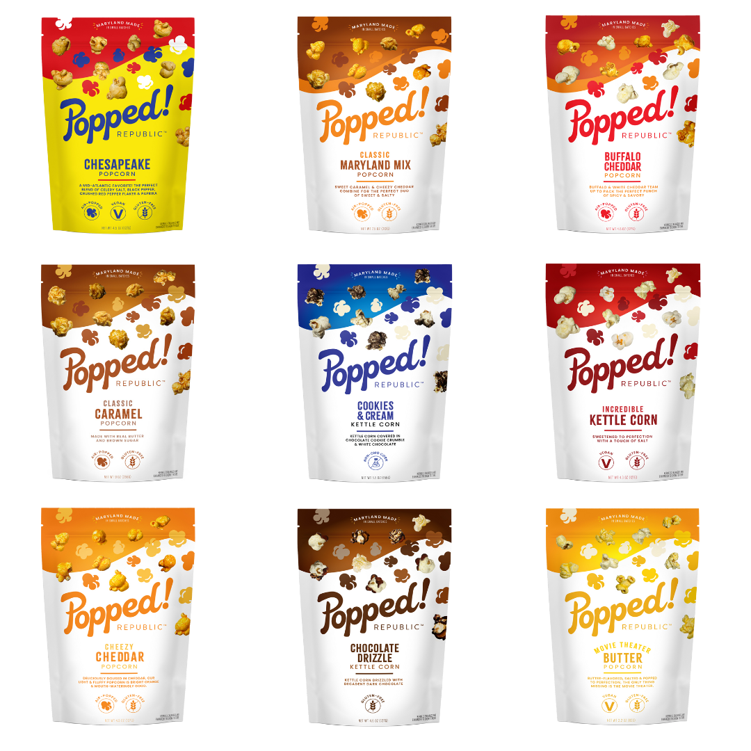 Gourmet Popcorn, Variety Pack of Medium Stand Up Pouches, 9 bags, 1 per flavor