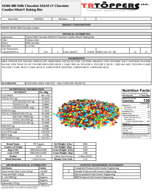 MandMs Mini Baking Bits, 8 Lb Box