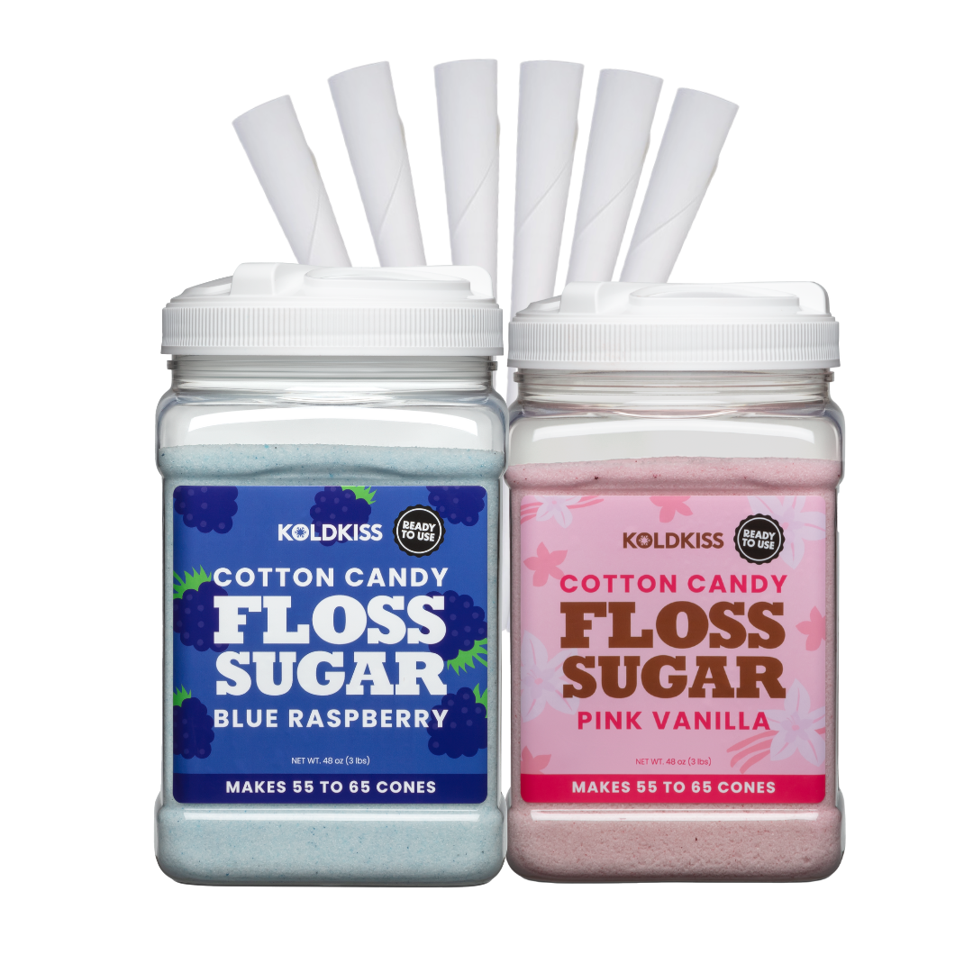 Cotton Candy Floss, 2 Pack of Pink Vanilla and Blue Raspberry, with 100 Cones