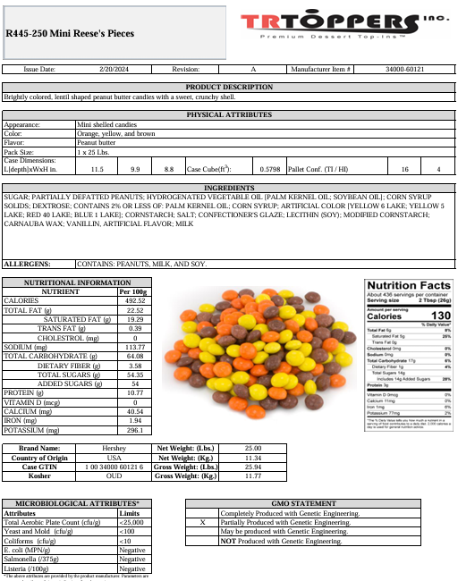 Reese's Pieces, Minis, 25 Lb Box